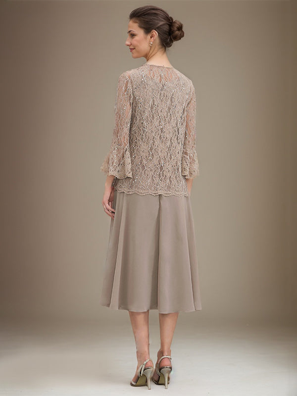 Vestido de gasa con encaje y lentejuelas para madre de la novia, corte A, escote redondo y largo hasta la rodilla