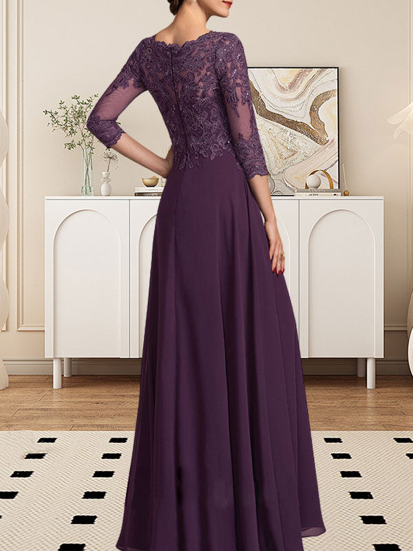 Vestido de gasa con encaje y lentejuelas para madre de la novia, corte A, largo hasta el suelo