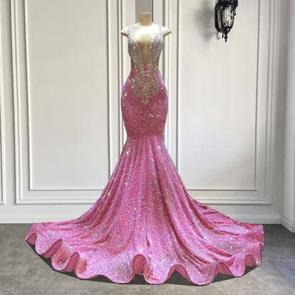 Vestidos de fiesta rosas brillantes, sexy vestido de noche rosa sirena con lentejuelas Y477