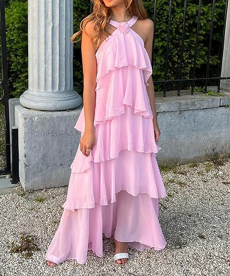 Rosa A-Linie Stufen-Ballkleid für Damen Rosa Rückenfreies Abendkleid Y4532