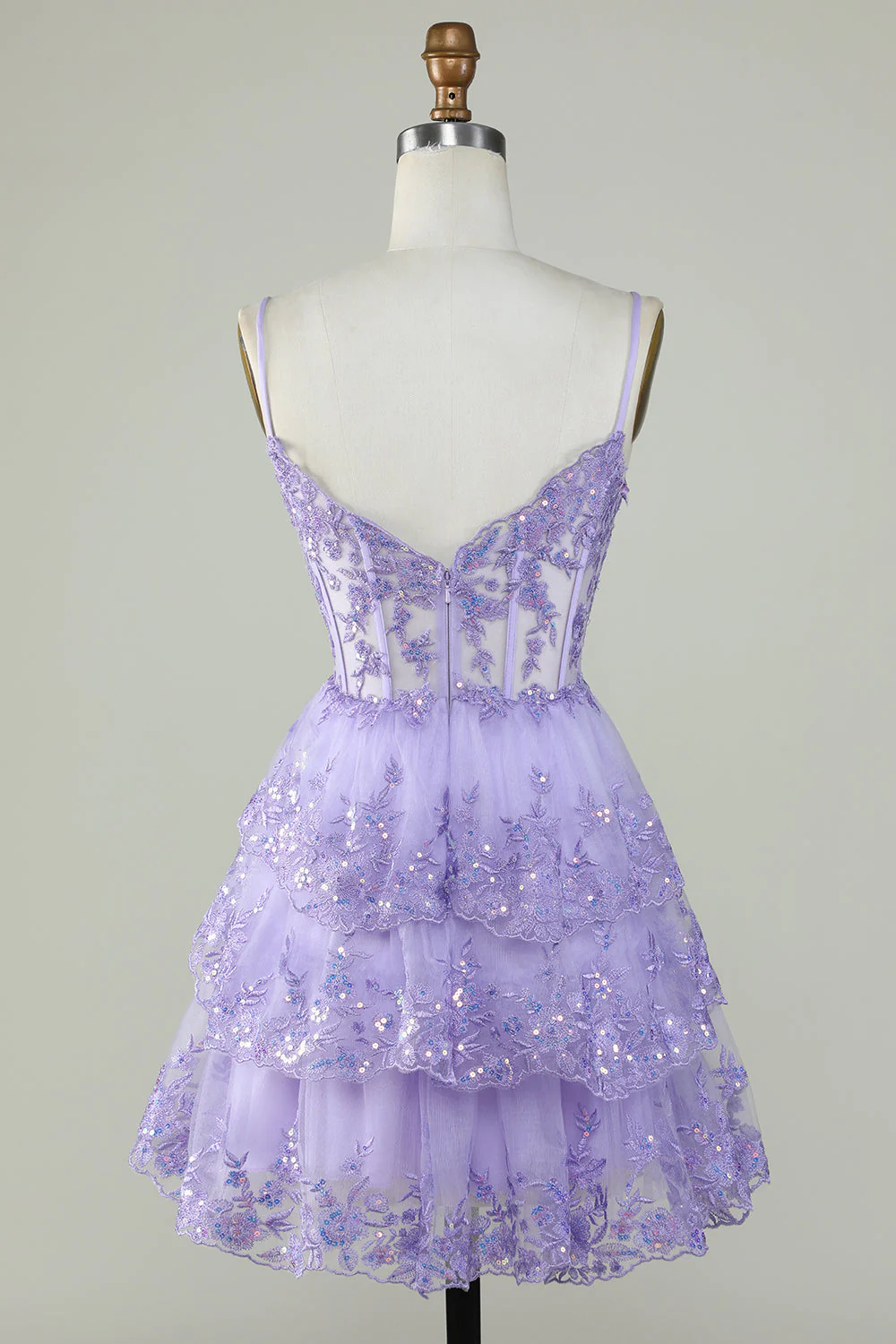 Träger Lavendel Pailletten Korsett Lagen Homecoming Kleid Y2907