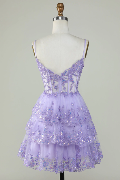 Träger Lavendel Pailletten Korsett Lagen Homecoming Kleid Y2907