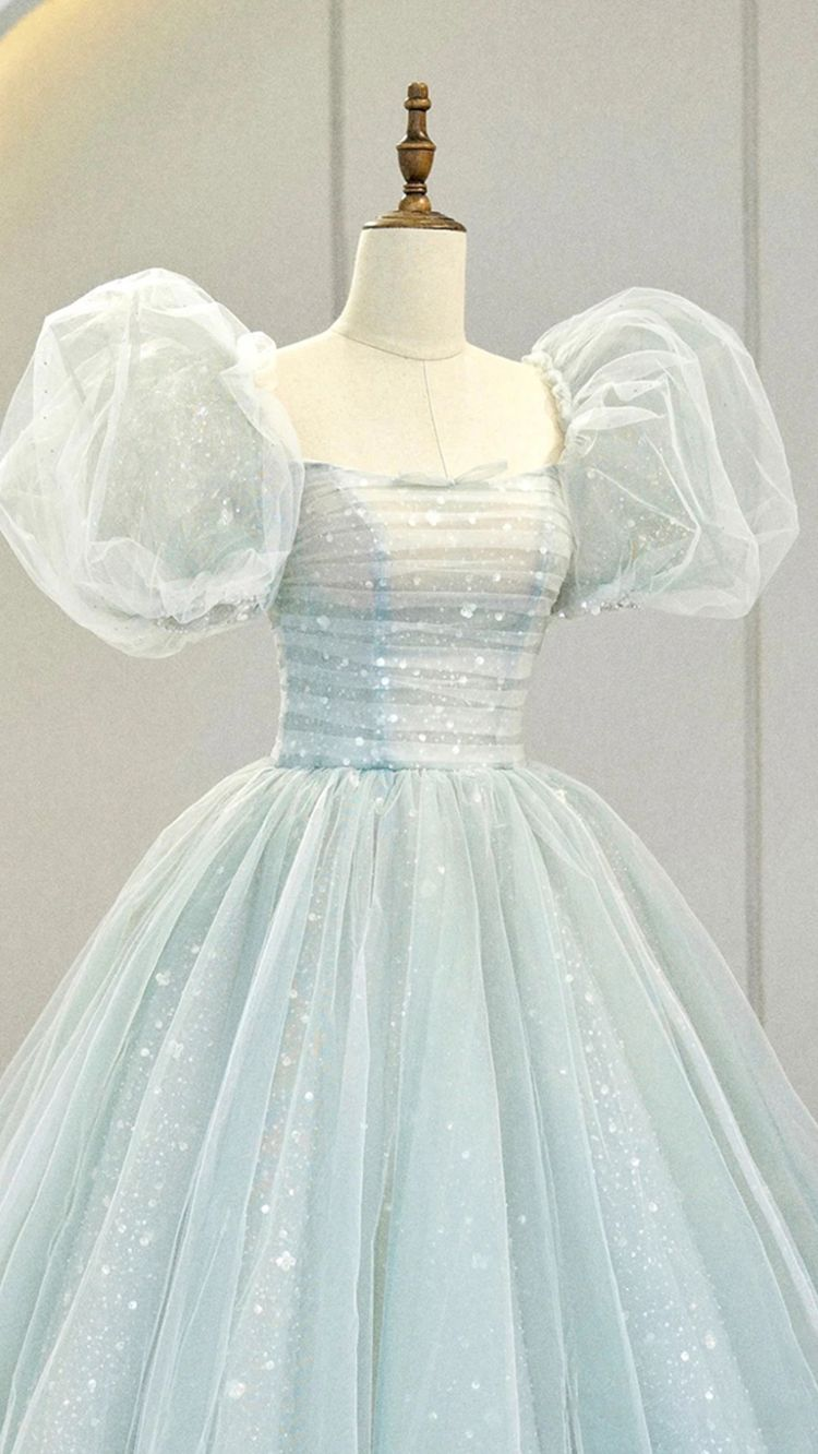 Vestido de fiesta largo azul con mangas abullonadas y corte en A, vestido de noche formal de tul Y2932