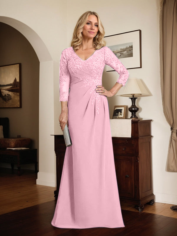 Vestido de madre de la novia de gasa con encaje, escote en V, ilusión, largo hasta el suelo, con lentejuelas plisadas