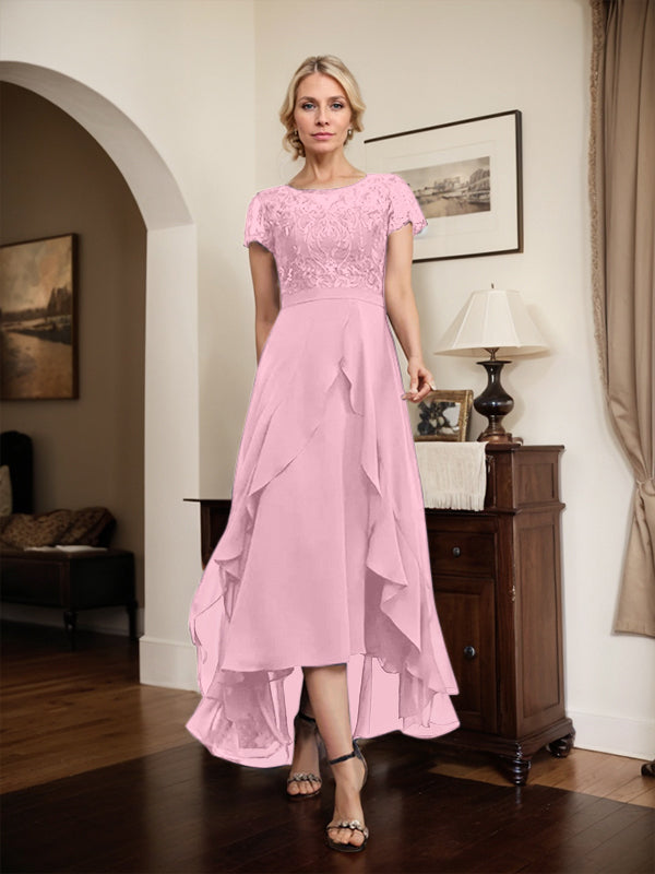 Vestido de madre de la novia de gasa asimétrica con escote en A, ilusión, encaje, lazo, volante y lentejuelas