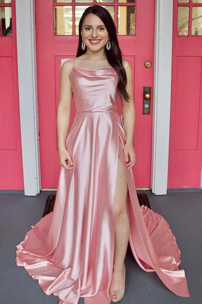 Schlichtes langes Ballkleid aus rosa Satin mit hohem Schlitz, langes formelles Abendkleid in Rosa für den Abschluss Y212