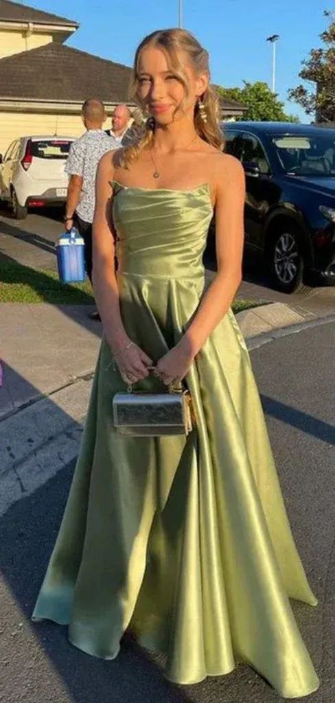 Vestido de fiesta plisado de satén verde elegante, corte A, vestido de noche Y7815