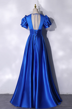 Vestido de fiesta largo de satén azul, vestido de noche sencillo Y241
