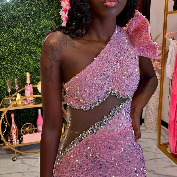 Rosa Perlen Pailletten Abendkleid One-Shoulder Meerjungfrau Ballkleid Y6681