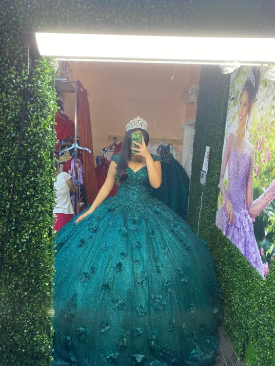 Vestido de quinceañera con flores 3D esmeralda, para fiesta de 15 y 16 años, Y6073