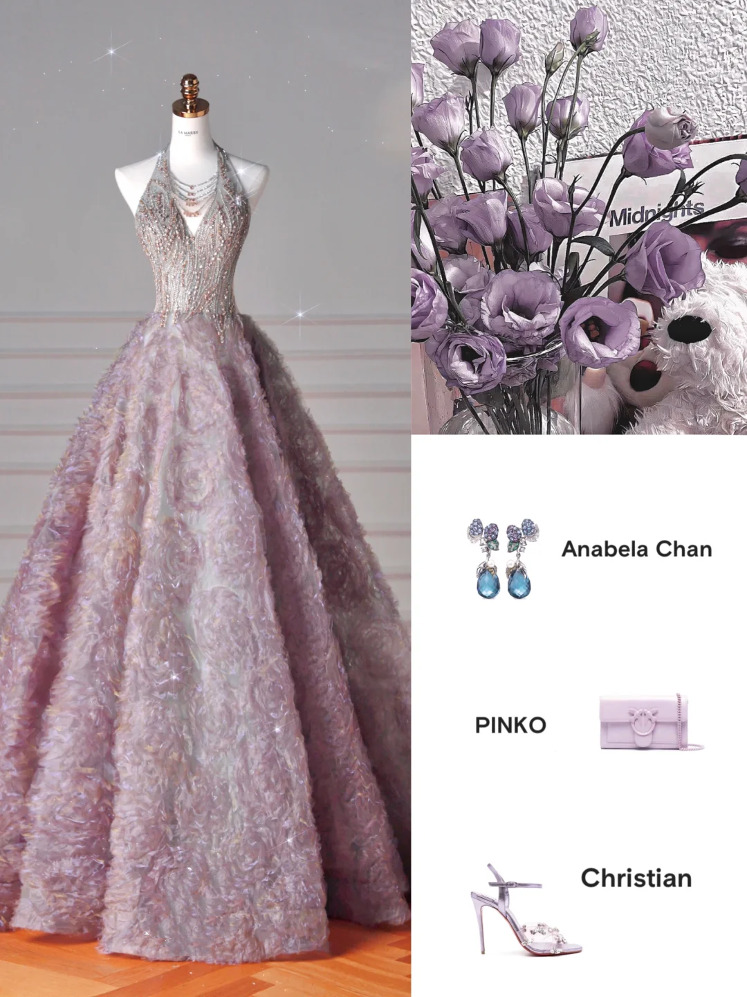 Glamouröses Neckholder Lila Tüll Blumen Perlen Ballkleid, A-Linie Abendkleid Brautkleid Y8625
