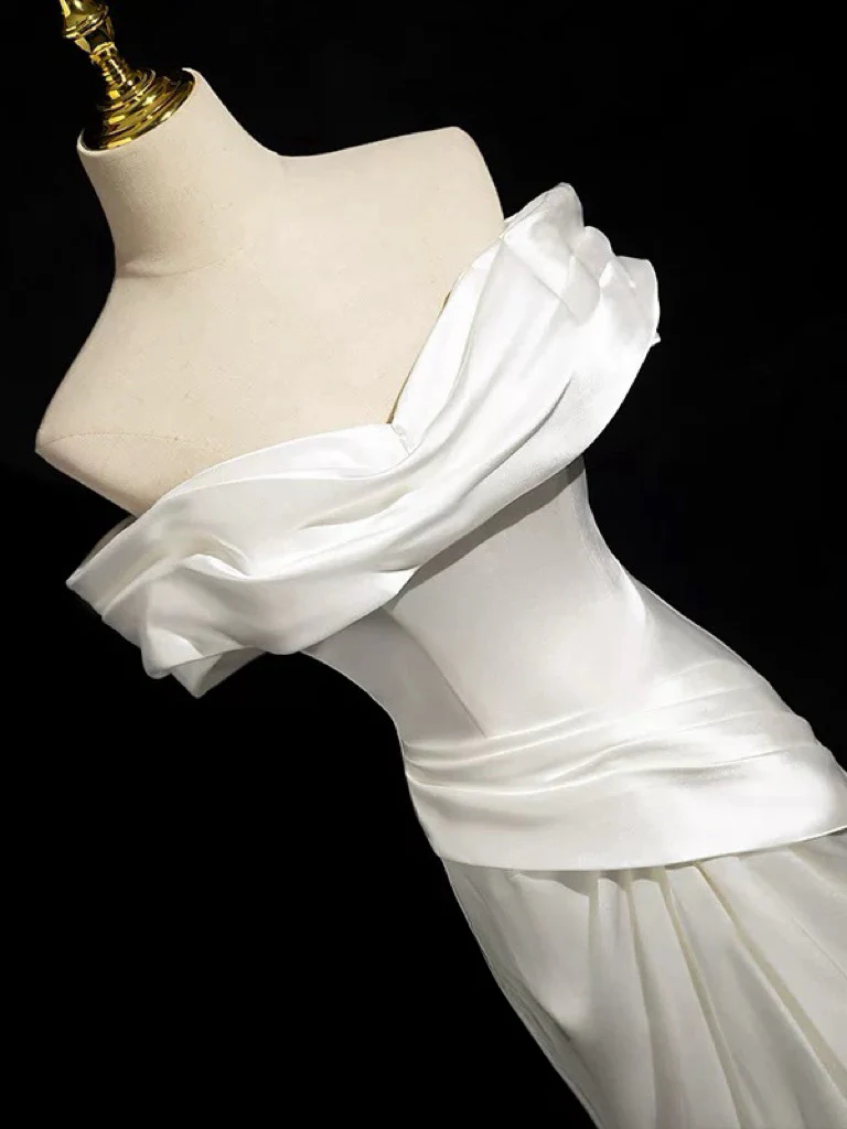 Vestido de noche largo de satén blanco con hombros descubiertos y corte sirena, vestido de novia formal Y8047