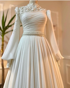 Muslimisches Hochzeitskleid mit langen Ärmeln und Perlen, Chiffon-Applikationen, lange, plissierte Brautkleider Y6727