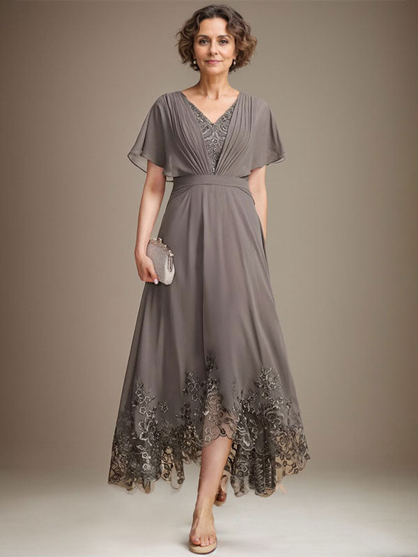 Vestido de madre de la novia de gasa con encaje asimétrico, escote en V y corte A con pliegues