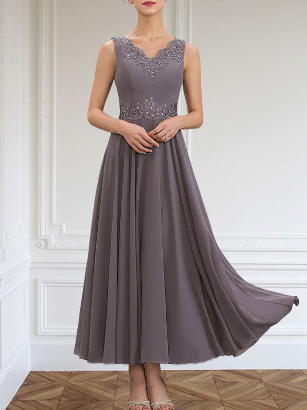 Vestido de gasa para madre de la novia, corte A, escote en V, largo hasta los tobillos, con apliques de lentejuelas, encaje y cuentas