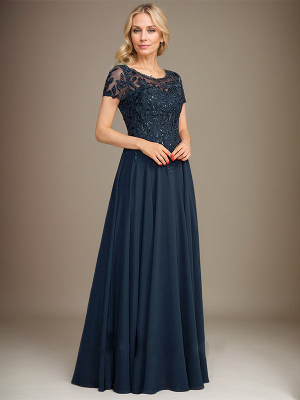 Vestido de gasa para madre de la novia, corte A, largo hasta el suelo, con apliques y lentejuelas