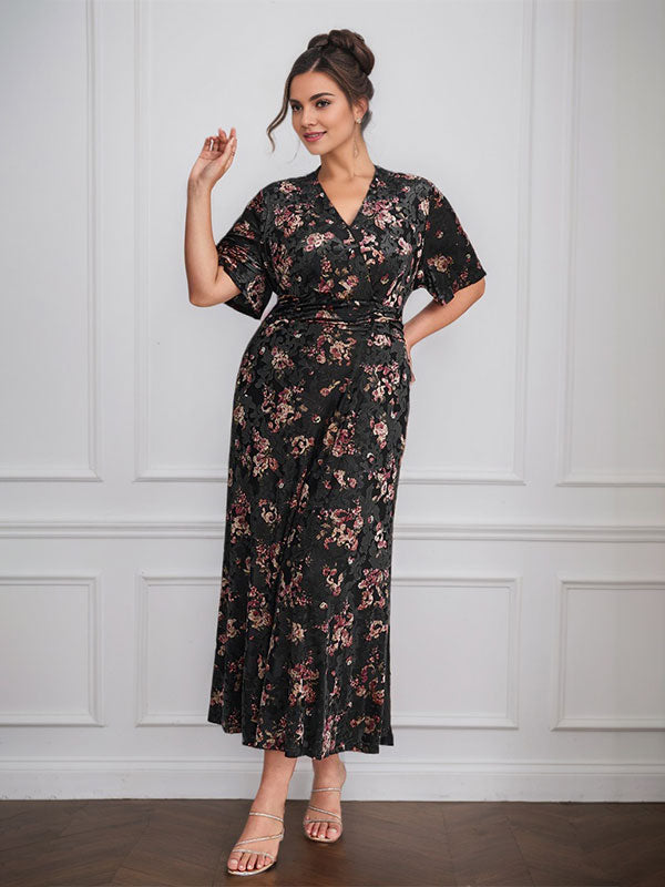 Vintage Plain V-Neck Short Sleeves Velvet Tea-Length Mother of the Bride Dress With Slit