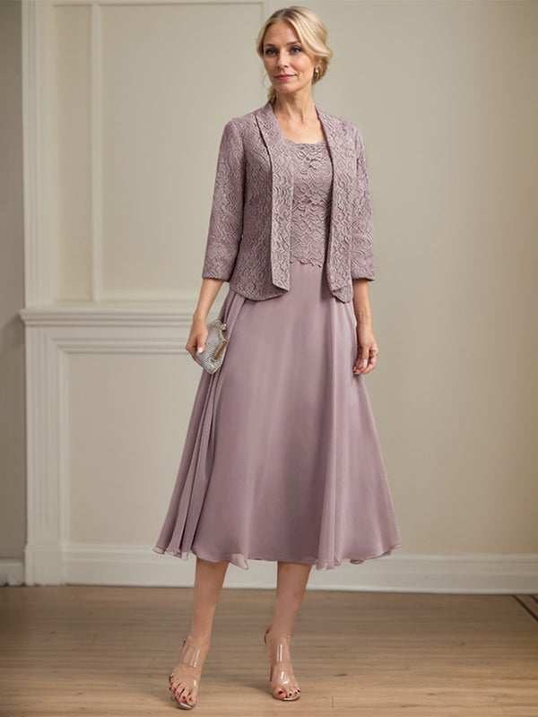 Vestido de gasa con encaje y escote redondo hasta la rodilla para madre de la novia
