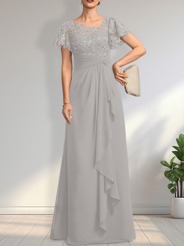 A-line Asymmetrical Illusion Floor-Length Lace Chiffon Mother of the Bride Dress With Cascading Ruffles Sequins