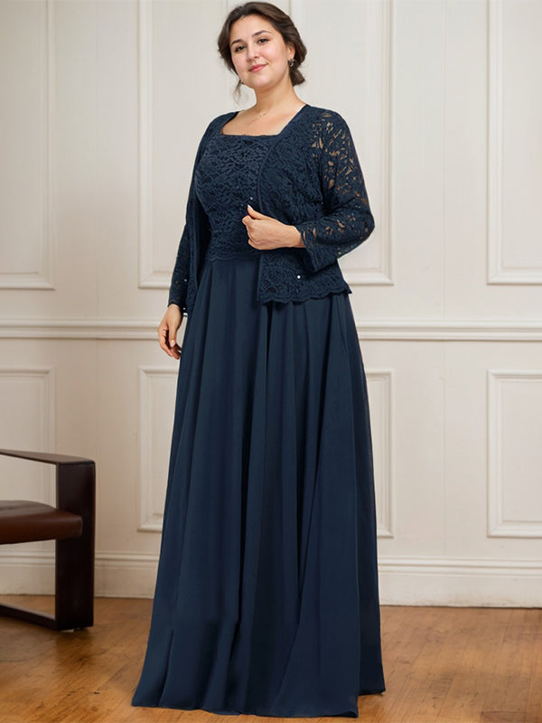 Vestido de madre de la novia de gasa con encaje, corte A, largo hasta el suelo, cuadrado y lentejuelas