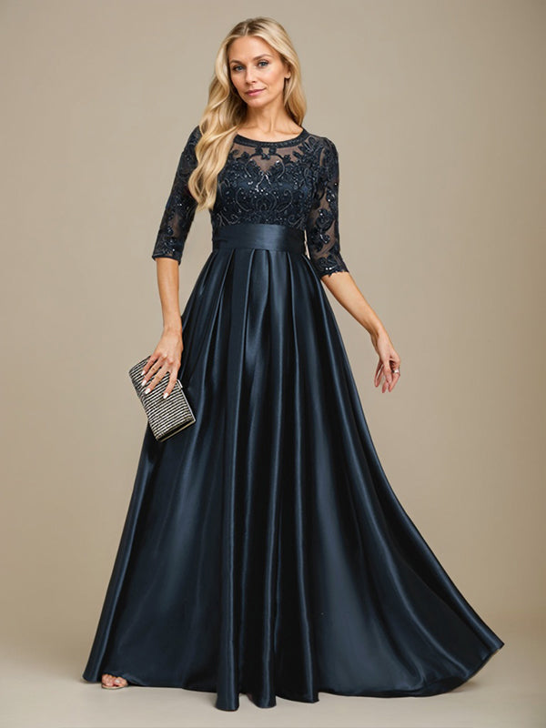 Vestido de madre de la novia de satén elástico con encaje, corte A, escote ilusión, largo hasta el suelo, con lazo y lentejuelas