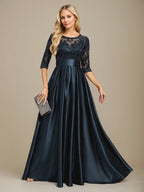 Vestido de madre de la novia de satén elástico con encaje, corte A, escote ilusión, largo hasta el suelo, con lazo y lentejuelas