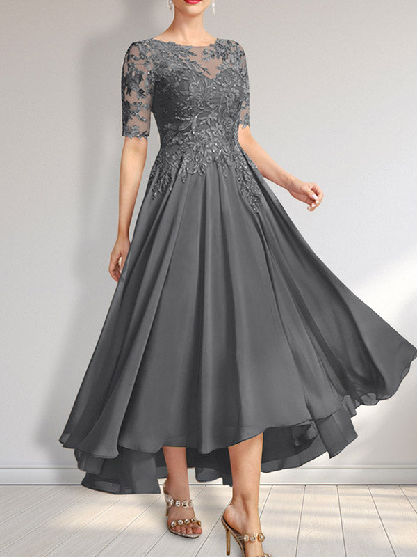 Vestido de madre de la novia de gasa asimétrica con encaje, ilusión, corte A y lentejuelas