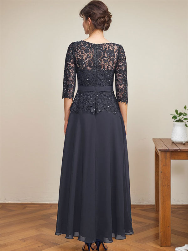 Vestido de gasa con encaje y escote en A, ilusión, largo hasta los tobillos, para madre de la novia con cuentas de diamantes de imitación
