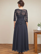 Vestido de gasa con encaje y escote en A, ilusión, largo hasta los tobillos, para madre de la novia con cuentas de diamantes de imitación