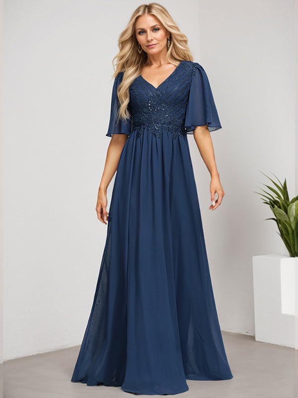 Vestido de madre de la novia de gasa con encaje, escote en V y lentejuelas, largo hasta el suelo