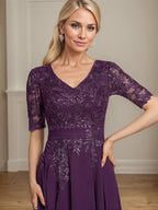 Vestido de gasa con encaje y lentejuelas para madre de la novia, corte A, escote en V y largo hasta la rodilla