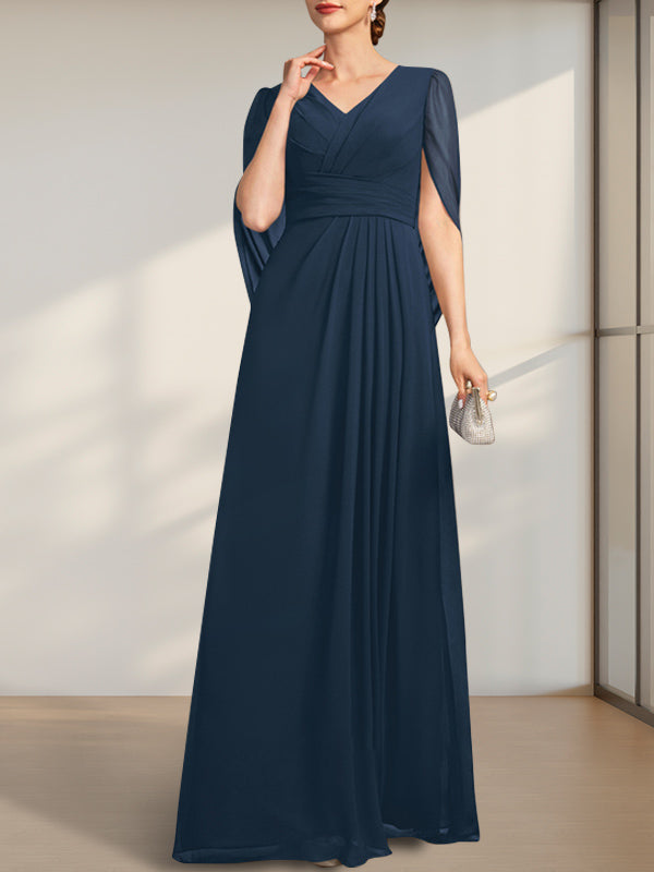 Vestido de gasa para madre de la novia con escote en V, largo hasta el suelo, con pliegues