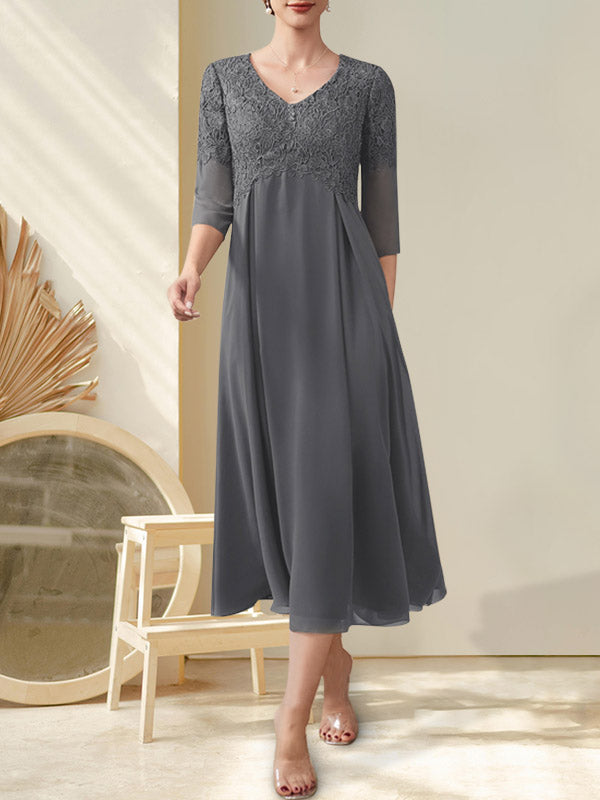A-Linie V-Ausschnitt Wadenlanges Chiffon-Spitzenkleid für die Brautmutter mit Perlenbesatz