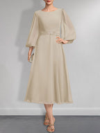 Vestido de gasa para madre de la novia, corte A, escote redondo, largo hasta la rodilla, plisado, con broche de cristal