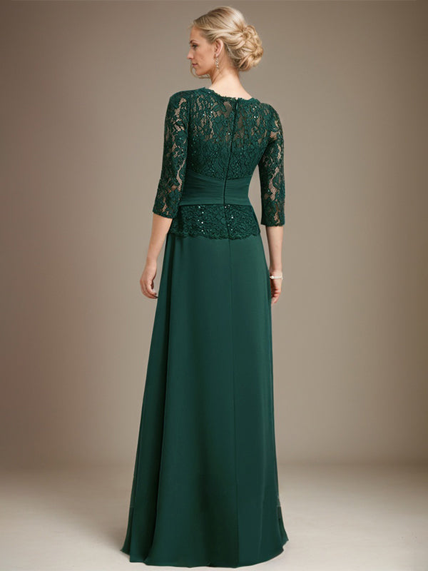 Vestido de gasa con encaje, corte A, ilusión, largo hasta el suelo, para madre de la novia, con lentejuelas plisadas y abalorios