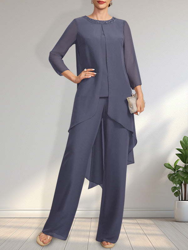 Vestido de gasa para madre de la novia con lentejuelas y abalorios, largo hasta el suelo y mono/pantalón separado