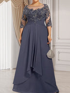 Vestido de gasa con encaje, corte A, escote ilusión, largo hasta el suelo, para madre de la novia con volantes en cascada