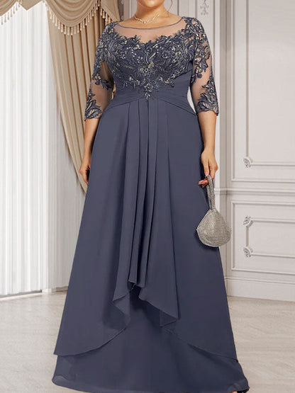 A-line Scoop Illusion Floor-Length Lace Chiffon Mother of the Bride Dress With Cascading Ruffles