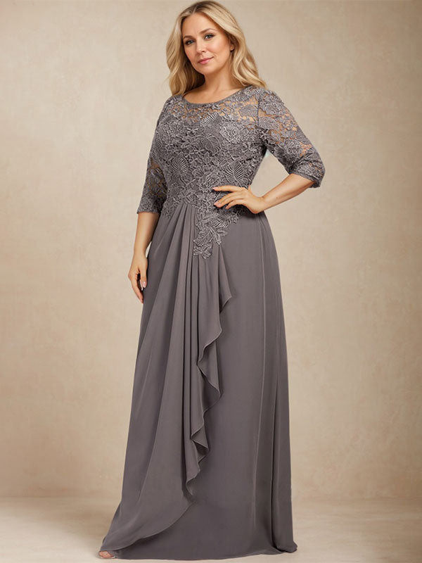 Vestido de gasa con encaje, corte A, escote ilusión, largo hasta el suelo, para madre de la novia con volantes en cascada