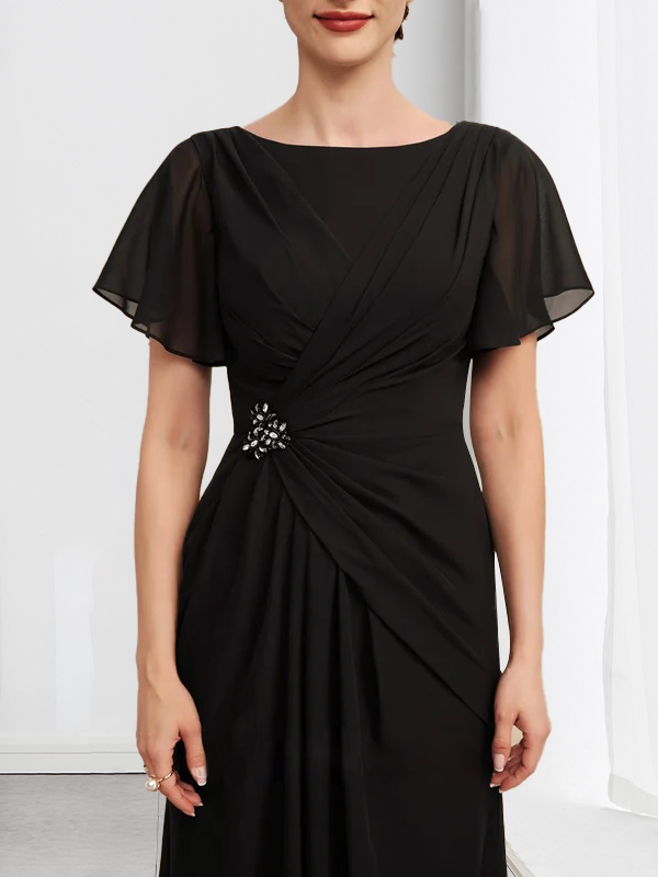 A-Linie U-Ausschnitt Knöchellang Chiffon Kleid für die Brautmutter mit Perlenbesatz Plissee