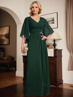 Vestido de gasa para madre de la novia, con escote en V, largo hasta el suelo, con lentejuelas plisadas y abalorios