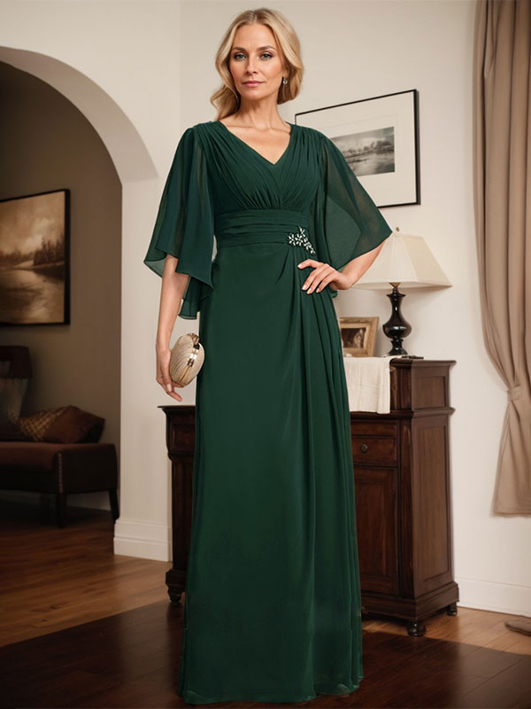 Etui-Linie/Säule V-Ausschnitt Bodenlang Chiffon Kleid für die Brautmutter mit Plissee Pailletten Perlenbesatz