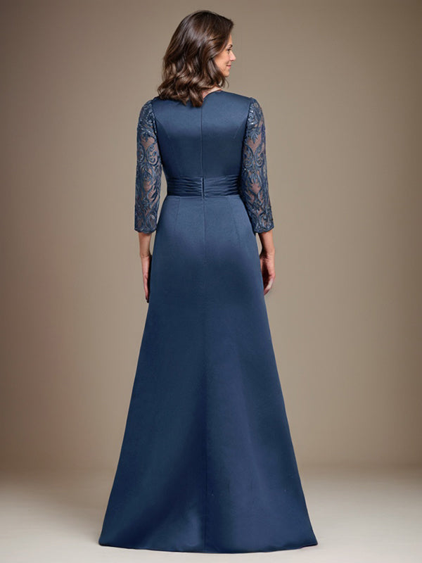 Vestido de madre de la novia de satén con encaje, corte A, largo hasta el suelo y apliques