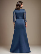 Vestido de madre de la novia de satén con encaje, corte A, largo hasta el suelo y apliques