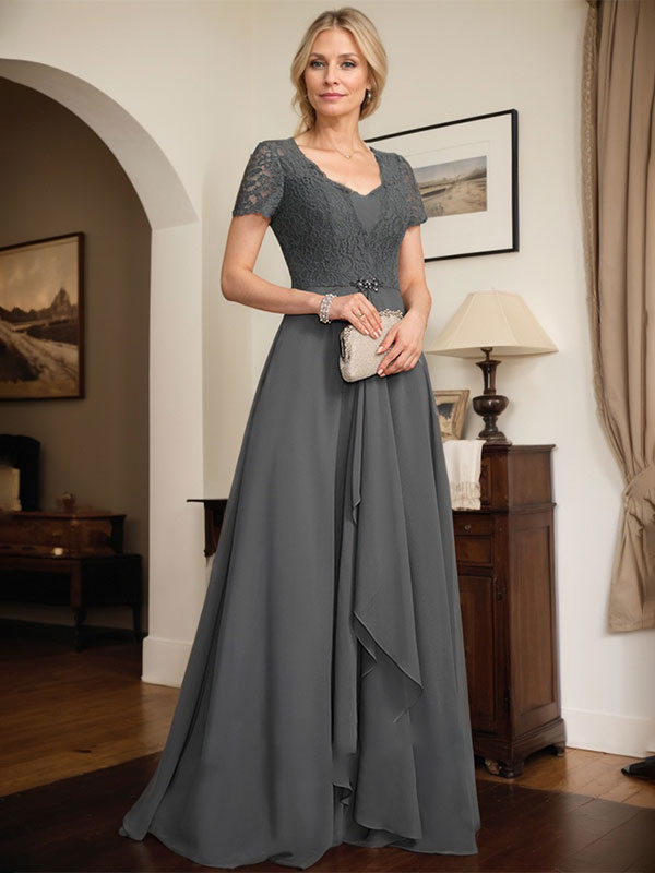 Vestido de madre de la novia de gasa con encaje, corte en A, escote corazón, largo hasta el suelo, con volantes en cascada y cuentas