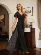 Vestido de noche de gasa con escote en V y largo hasta el suelo, tipo mono/pantalón