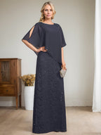 Vestido de madre de la novia de gasa con encaje, escote redondo y largo hasta el suelo, con lentejuelas y abalorios