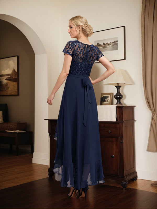 Vestido de madre de la novia de gasa asimétrica con escote en A, ilusión, encaje, lazo, volante y lentejuelas