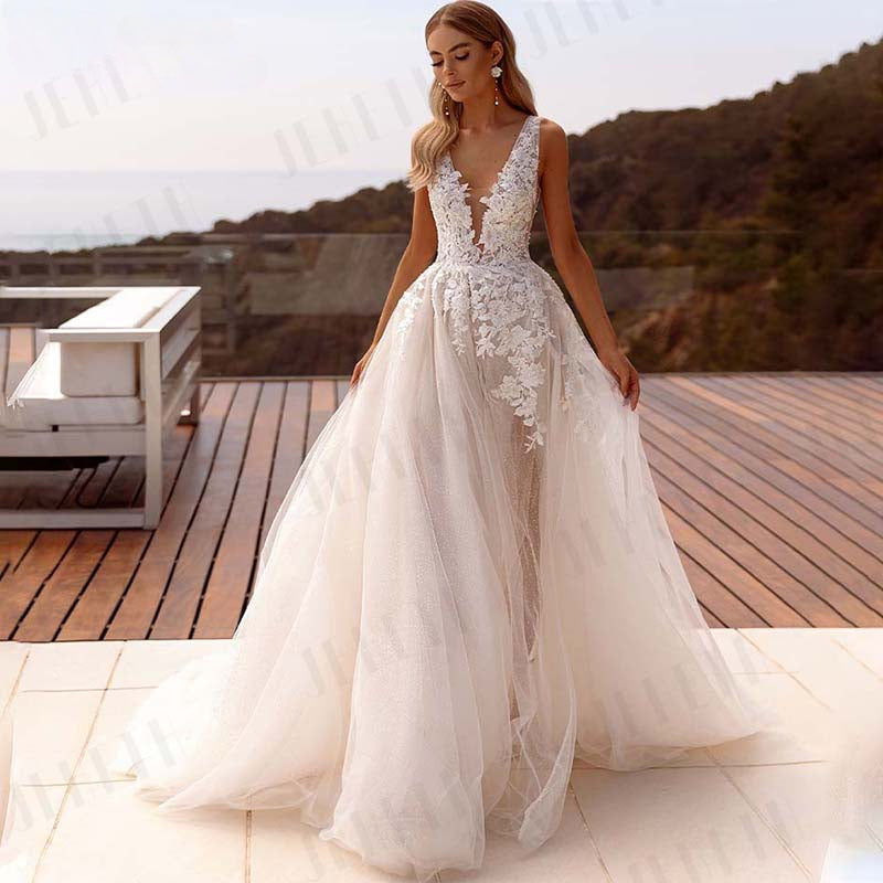 Popular V-neck Lace Applique A Line Wedding Dresses Backless Side Slit Custom Made Formal Bridal Grown 2024-payinti