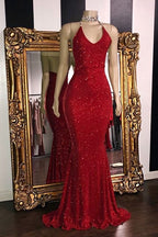 Vestido de fiesta estilo sirena con lentejuelas y tirantes finos al rojo vivo y glamour